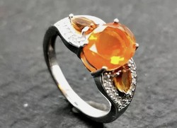 Wonderful Ethiopian orange opal, citrine, zirconia 925 silver ring size 56 new