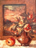 Miha: expressive still life with apples, 1967 - oil painting, framed