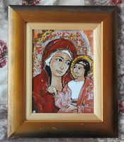 Fehér Margit tűzzománc kép - Szűz Mária Kisjézussal