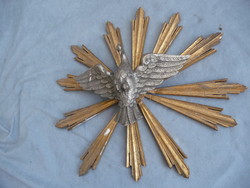Antik vallásos kegytárgy faragott fa oltár dísz szentlélek galamb aranyozott sugarakkal