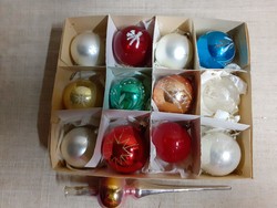 Old glass Christmas tree ornament box with 12 pieces added with a top ornament