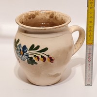 Folk, white glazed, colorful flower pattern ceramic belly mug (2001)