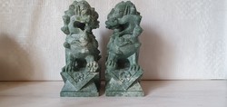 Large carved Chinese fo dog pair of green minerals