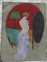 Antique Art Nouveau watercolor - marked - bathing woman
