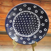 Youthful, cheerful, blue base color white polka dot floral wall plate - marked