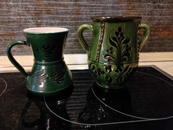 2 pieces of old Karcag green ceramics in one