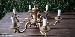 Six-pronged, copper chandelier with oak inserts for sale!