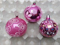 Retro üveg karácsonyfadísz festett rózsaszín régi gömb 3 db