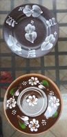 Pair of old brown floral ceramic wall plates - marked!