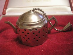 English tea grass holder tiny kettle old silvered teapot tea strainer marked