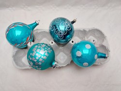 Retro üveg karácsonyfadísz festett kék gömb 4 db