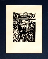 Tibor Göldner (1929): Fishermen of Baja, 1977 - original linoleum engraving, framed