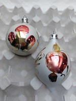 Retro üveg karácsonyfadísz szamóca gomba mintás festett régi gömb 2 db