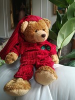 AURORA angol maci Teddy mackó piros plüss karácsonyi pizsamában, hálósapkában magyal levél 38 cm
