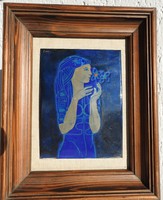 Gábor Somogyi - woman with flowers - fire enamel picture in a thick wooden frame