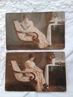 2 db antik üdvözlőlap/képeslap, elegáns hölgy, karosszék, pipere asztal 1920-as évek