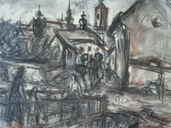 Margaret Gráber: the masterpiece of the wife of Csaba Perlrott on the bustling street (charcoal drawing, 40x34cm)