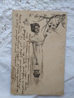 Antik szecessziós litho képeslap/üdvözlőlap hölgy, gyümölcsfa 1902