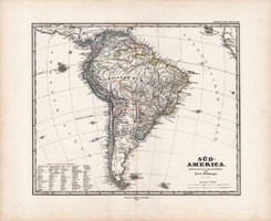 Dél - Amerika térkép 1878, német, atlasz, 30 x 36 cm, eredeti, Stieler's, Justus Perthes, Brazília