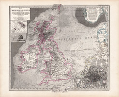 Brit - szigetek térkép 1878, német, atlasz, 33 x 39, eredeti, Stieler's, környező tengerek, Anglia