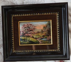 Limoges french fire enamel image - marked - landscape with gorgeous trees in pink - larger size