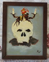 Harlequin on skull - marked surreal painting