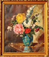 D. Benczúr with ida: flower still life - oil on canvas, framed