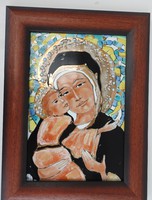 White margit - mother with baby _ fire enamel picture - large size
