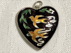 Vintage zománcozott ezüst szív medál, madárkapár