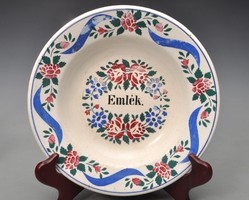 Antique Wilhelmsburg rose faience wall plate with screened pattern, commemorated, marked.