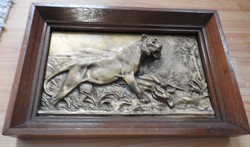 Antique bronze mural: a lion killing a gazelle _ bronze sculpture in a wooden frame