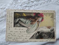 Antique long-time Art Nouveau colored artist / postcard guardian angel 1900