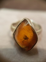 Silver ring with Polish amber that holds a small beetle