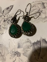 Large emerald stone silver / bronze earrings with zirconia