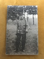 Old age photo of Franz Joseph of Habsburg in hunting gear on postcard in Gödöllő