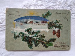 Antik litho/litográfiás karácsonyi képeslap/üdvözlőlap fenyőág, toboz, téli táj 1907