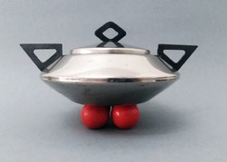 Posztmodern fedeles fém cukortartó, 4 piros golyó lábon, 1980as évek