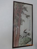 Gyönyörű, régi, selyemre hímzett kínai falikép üvegezett fa keretben - peter999 felhasználónak