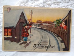 Régi grafikus újévi képeslap/üdvözlőlap vonat, téli táj, gyerekek, lóhere 1936