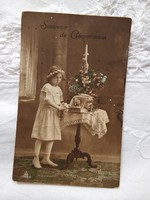Antik francia színezett fotólap/képeslap, kislány, elsőáldozás, elsőáldozó kislány 1910 körüli