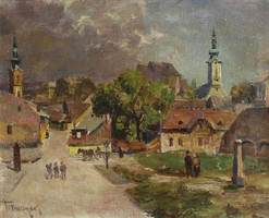 Sándor Turmayer (1879-1953) tabán 50x60cm oil on canvas cityscape rácváros Buda castle orthodox church