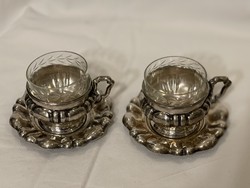About 1 forint! Antique silver coffee cup in pairs with placemat and original glass insert. 125 And 146 grams!