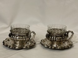 1 Forintról! Antik Ezüst kávés csésze párban, alátéttel, eredeti üveg betéttel! 140 és 145 gramm!
