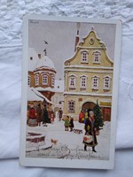 Old andrás biczó postcard / art sheet Christmas, turn-of-the-century street picture before 1945