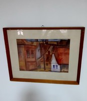 István Kaszás Tokaj-hegy street paper carrier watercolor size 47.5 × 32Cm from frame 68 × 52.5Cm