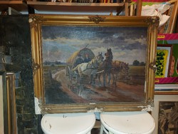 60X80 + frame, landscape with horse-drawn carriage, painting, oil, canvas, sign, stamp on the back ...