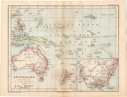 Ausztrália térkép 1873, eredeti, német nyelvű, iskolai, atlasz, Kozenn, Polinézia, Új - Zéland