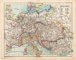 Közép - Európa politikai térkép 1873, eredeti, német nyelvű, iskolai, atlasz, Kozenn, monarchia