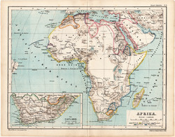 Afrika térkép 1873, eredeti, német nyelvű, iskolai, atlasz, Kozenn, Fokföld, Capland, Nílus, Szahara