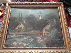Antique oil painting with geese